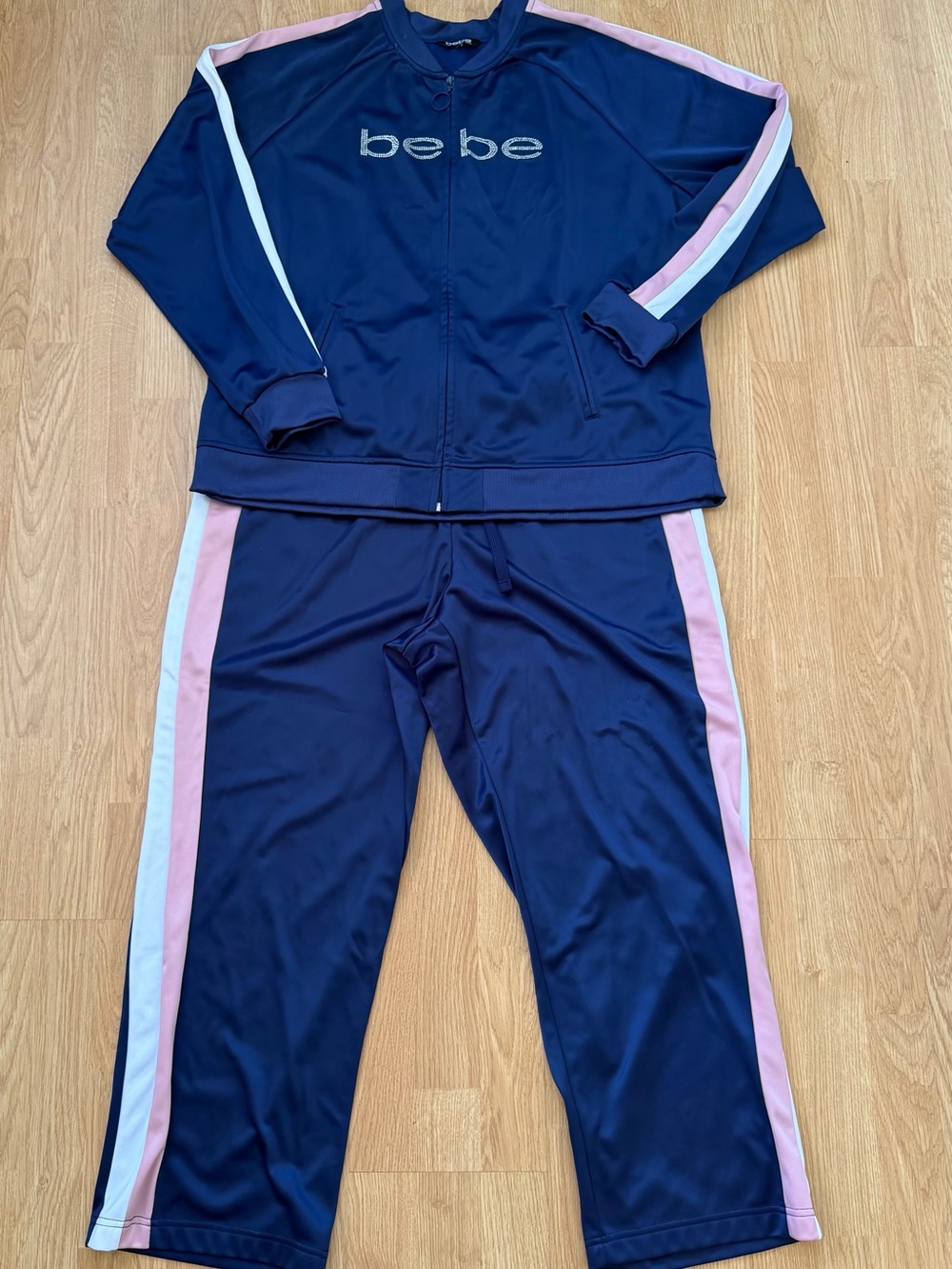 BEBE Sport 2X Blue Pink Rhinestone Y2K Tracksuit Set Jacket Pants